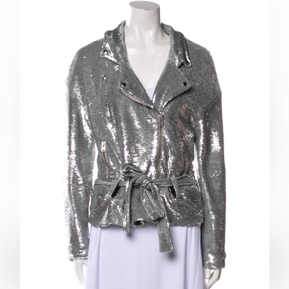 IRO Silver Sequin Evening Jacket Belted Moto Style XS